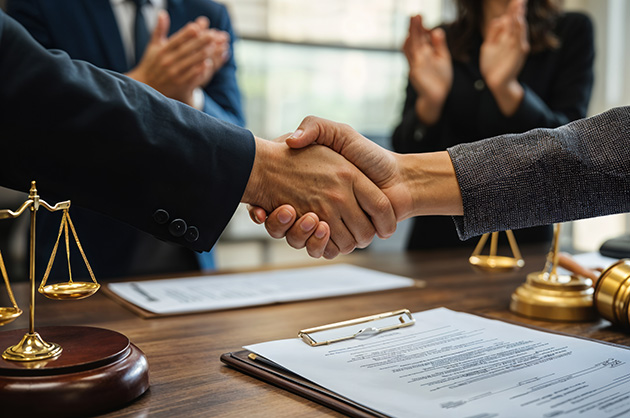 Lawyers shaking hands during business meeting celebrating successful agreement